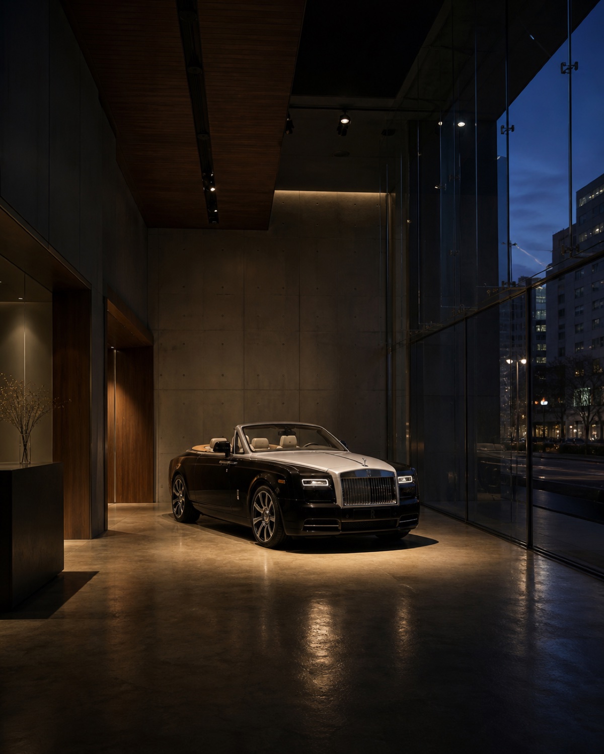 A single car under an overhead spotlight — the Absolute Auto Club dealership concept